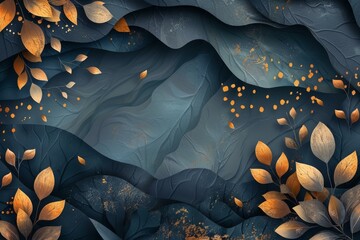 Golden Leaves Abstract Illustration Dark Blue Background
