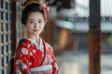 Portrait of a Japanese woman wearing a kimono