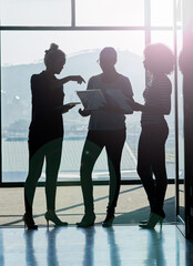 Employee, women and conversation in office on silhouette for strategy, planning or company growth....