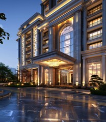 Fototapeta premium Luxury Hotel Night View: Majestic Facade and City Lights