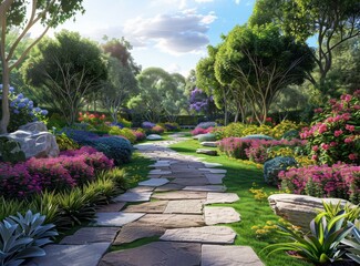 Stone Path Through Lush Garden
