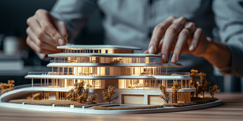 Architect designing modern building model with attention to detail, showcasing innovative architecture and creativity in a studio setting.