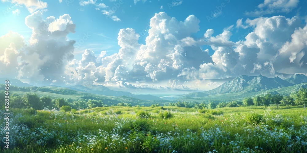 Wall mural Green rolling hills under a blue sky with white clouds - Wall murals