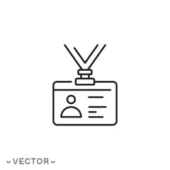 badge id card icon, person profile, employee identity, plastic document on lanyard, thin line symbol isolated on white background, editable stroke eps 10 vector illustration