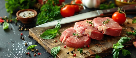 Fresh raw meat slices with herbs, tomatoes, and spices on a rustic wooden cutting board, ready for cooking. Perfect for culinary and food photography.