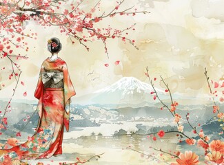Fototapeta premium A woman in a red kimono standing in a field of cherry blossoms with Mount Fuji in the background