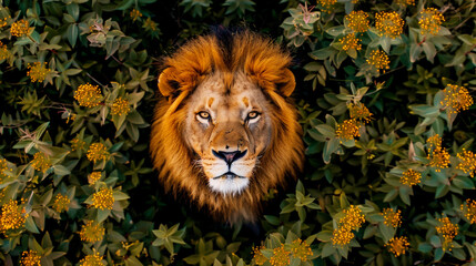 Fototapeta premium Lion amidst green foliage with yellow flowers.