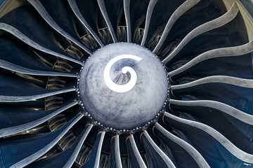 Close-up of engine with blades of passenger airplane parked at Zürich Kloten Airport. Photo taken...