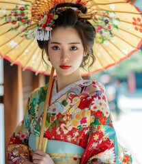 Portrait of a beautiful Japanese woman in traditional kimono holding a colorful umbrella