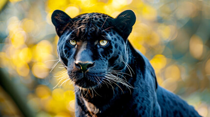Black panther with intense gaze, golden light creating a warm background.