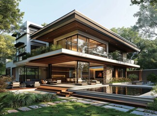 Obraz premium Modern luxury house with pool and terrace