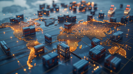 Global logistics network with cargo containers and illuminated world map representing international shipping and connectivity.