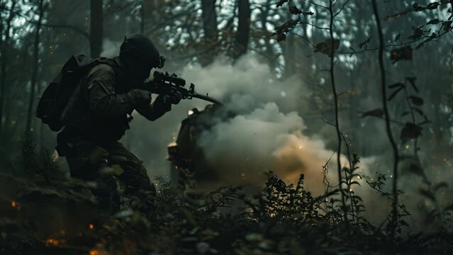 Heavily armed soldiers in a forest during combat