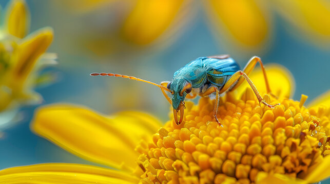Close-up of working honey bea on small yellow flower
