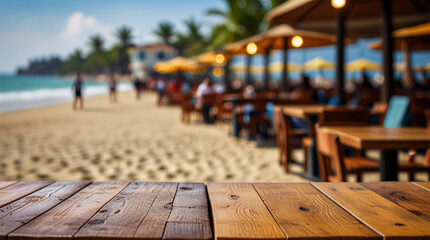 Wooden table and blur beach cafes background. AI generative