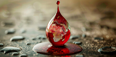 Artistic image of a blood drop with the world map, highlighting the importance of global blood donation.
