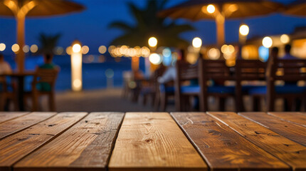 Wooden table and blur beach cafes background. AI generative