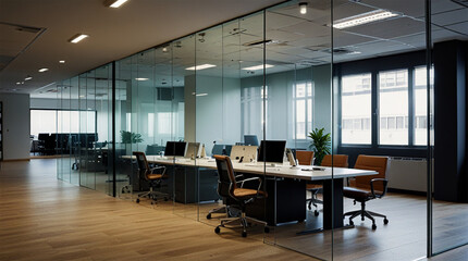 A modern office with glass partitions creating workspaces. AI generative