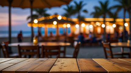 Wooden table and blur beach cafes background. AI generative