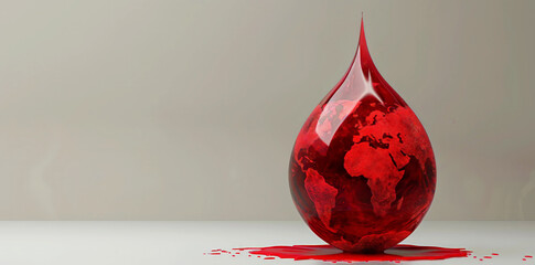 Artistic image of a blood drop with the world map, highlighting the importance of global blood donation.