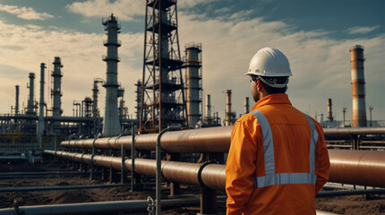 Back view of engineer wearing safety clothes and hardhat at Pipeline and pipe rack of petroleum. Industrial zone area. AI generative
