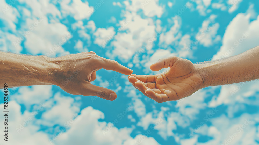Aufkleber two hands reaching towards each other against a cloudy sky background, symbolizing connection and as