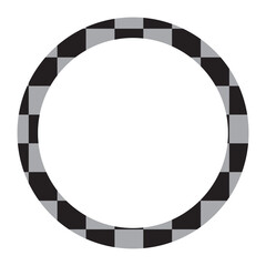 Checkered circle frame. Circle frame with checkerboard geometric pattern. Round chess border with black and white square pattern. Round race frame. Vector illustration on white background.