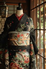 Naklejka premium A kimono with a floral pattern and a red obi