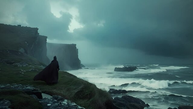 A cloaked figure stands on the edge of a stormy sea cliff