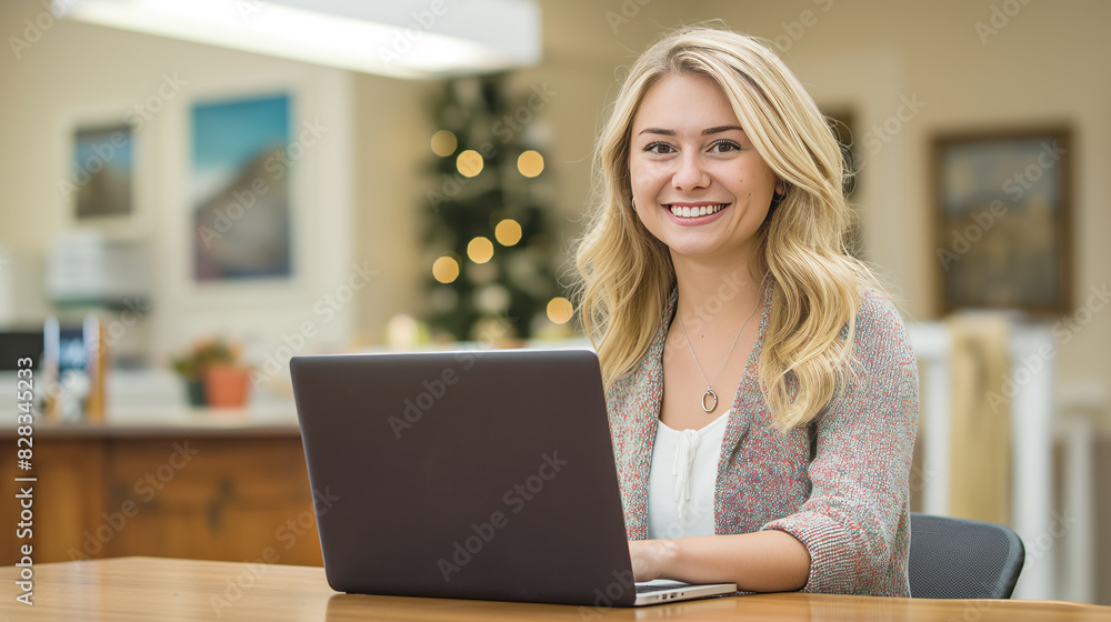 Poster a smiling woman using a laptop in a decorated room, festive concept on a blurred background, generat