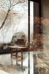there is a small wooden chair sitting in front of a window