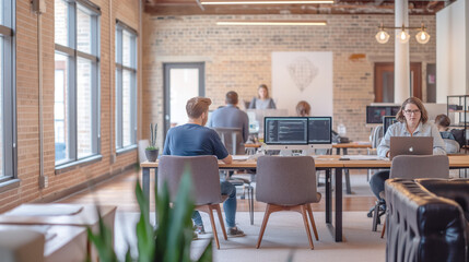 A modern office setting with working professionals, a casual interior design, bright windows, depicting a creative workspace concept. Generative AI