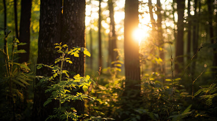  Sunset casts long shadows through tall trees in a forest