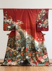 A red kimono with a pattern of flowers and trees