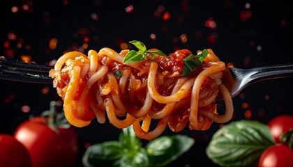 A forkful of spaghetti with a green leaf on top