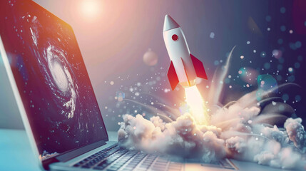 A laptop is open to a picture of a rocket launching