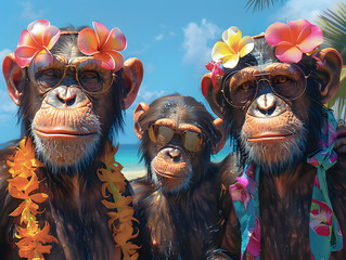 Obraz premium Chimpanzees are wearing sunglasses and beads while sitting in a pool.
