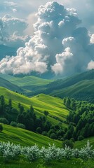 Rolling Green Hills with Clouds and Fir Trees