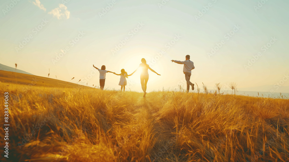 Poster a silhouette of a family holding hands in a field during sunset, showcasing togetherness and joy wit