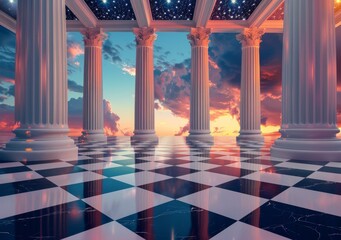 Fototapeta premium Surrealism painting of a checkerboard floor with Greek columns and a sunset sky