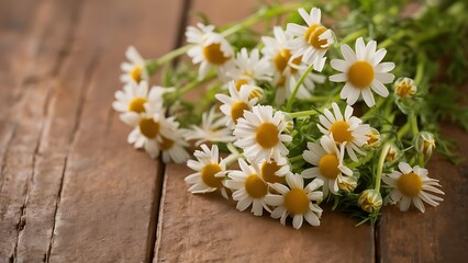 Obraz premium Fresh chamomiles flowers on brown wooden background