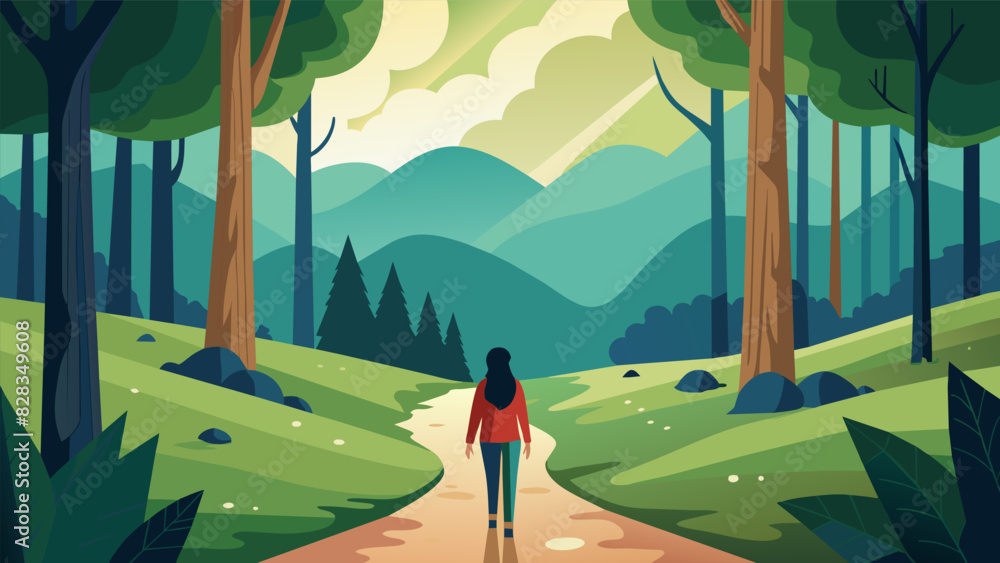 Poster the client imagines walking through a tranquil forest surrounded by tall trees and the gentle sound 