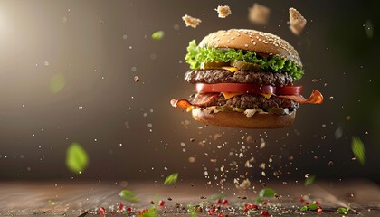 A burger is flying through the air with lettuce and tomato on top