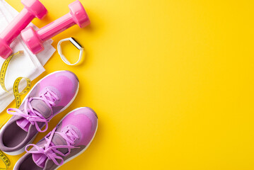 Fitness equipment including pink dumbbells, sneakers, measuring tape, towel, and smartwatch on a...