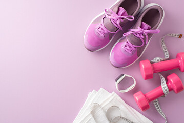 Top view of fitness equipment including pink sneakers, dumbbells, smartwatch, measuring tape, and towel on a purple background - Powered by Adobe