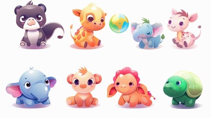 Fototapeta premium A colorful set of cartoon animals. A set of icons with baby animals highlighted on a white background.