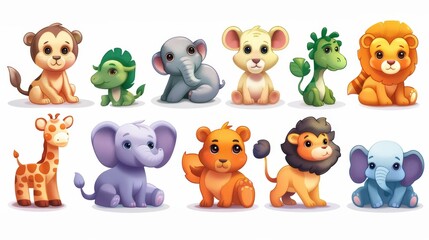 Fototapeta premium A colorful set of cartoon animals. A set of icons with baby animals highlighted on a white background.
