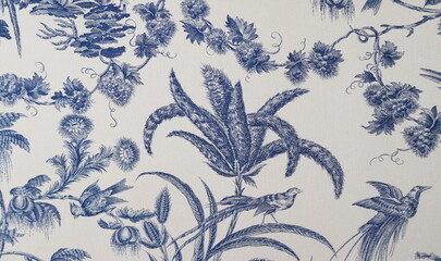 Toile de Jouy Wall Covering Detail with Flowers, Grapes and Birds