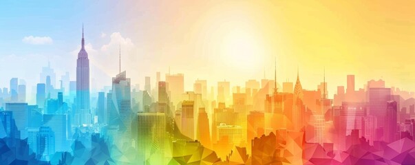 Colorful cityscape with vibrant rainbow hues and sunlight, showcasing urban skyline and architecture in a creative artistic illustration.