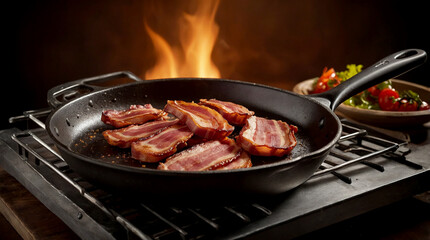 cooked bacon rashers on a clean surface, highlighting their texture and color with high-definition visuals